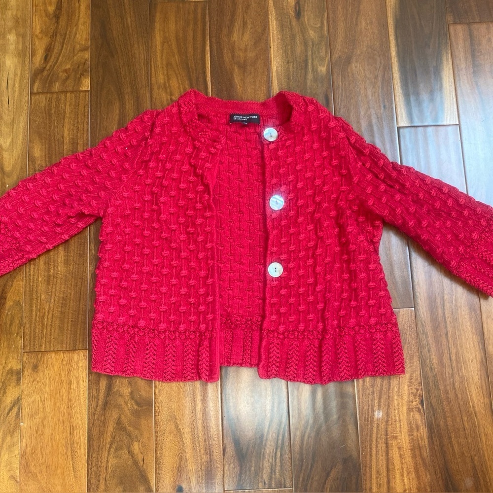 UNIQUE Sz Lrg Jones New York CHUNKY KNIT Cardigan Sweater Red Preppy